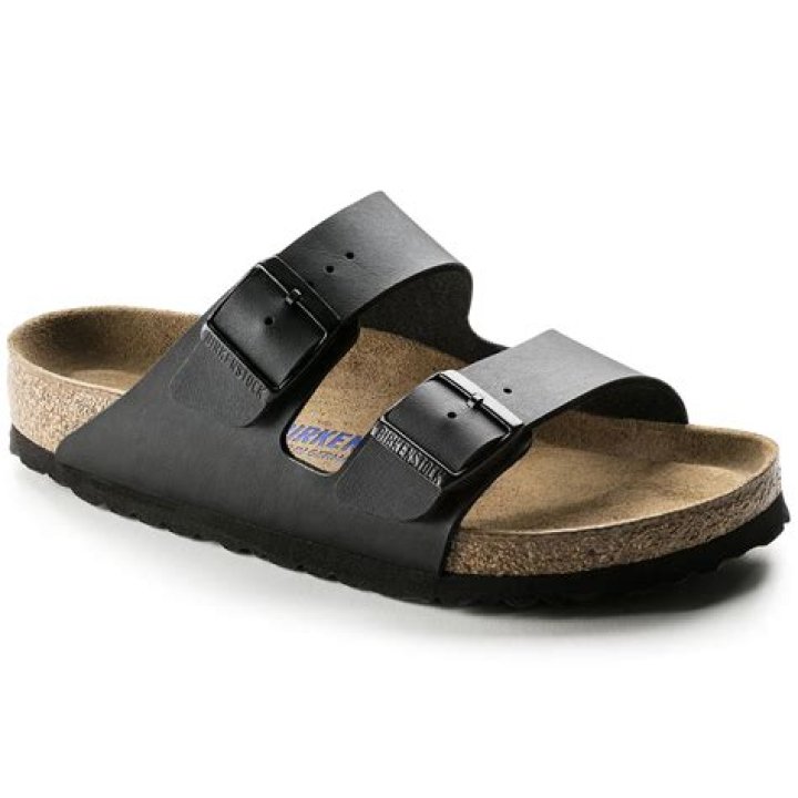 A black Birkenstock sandal on a white background.