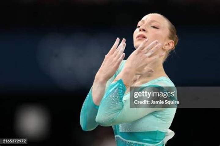 Ana Barbosu of Team Romania reacts after competing in the Artistic Gymnastics Women's Floor Exercise Final