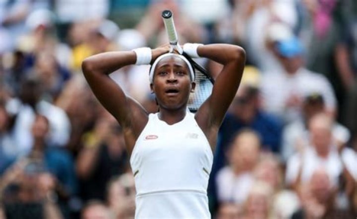 Cori Gauff celebrates victory during her first round match Wimbledon Tennis Championships, Day 1, The All England Lawn Tennis and Croquet Club, London, UK - 01 Jul 2019