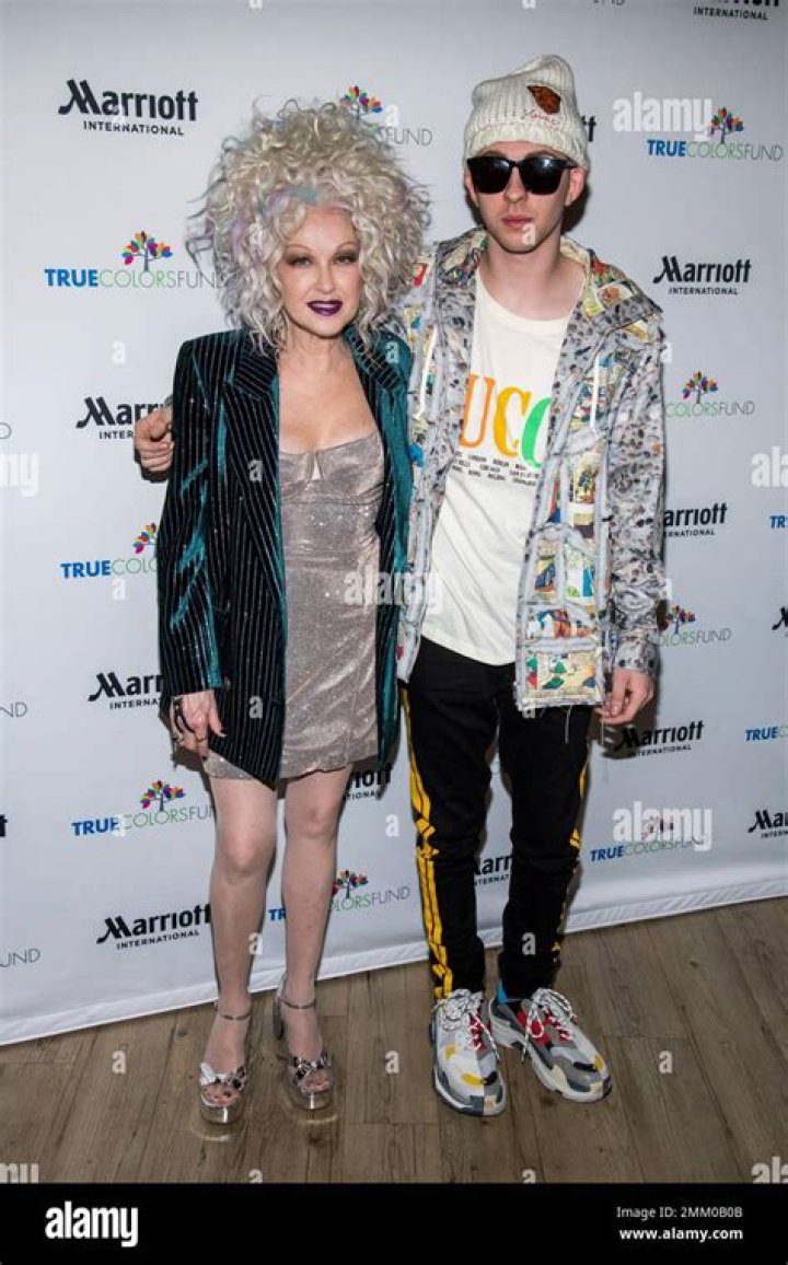 Cyndi Lauper, Declyn Lauper, Dex. Cyndi Lauper and her son Declyn Lauper pose backstage at the 8th Annual "Home for the Holidays" benefit concert at the Beacon Theatre, in New York Cyndi Lauper's 8th Annual Home for the Holidays Benefit Concert - Press Room, New York, USA - 08 Dec 2018