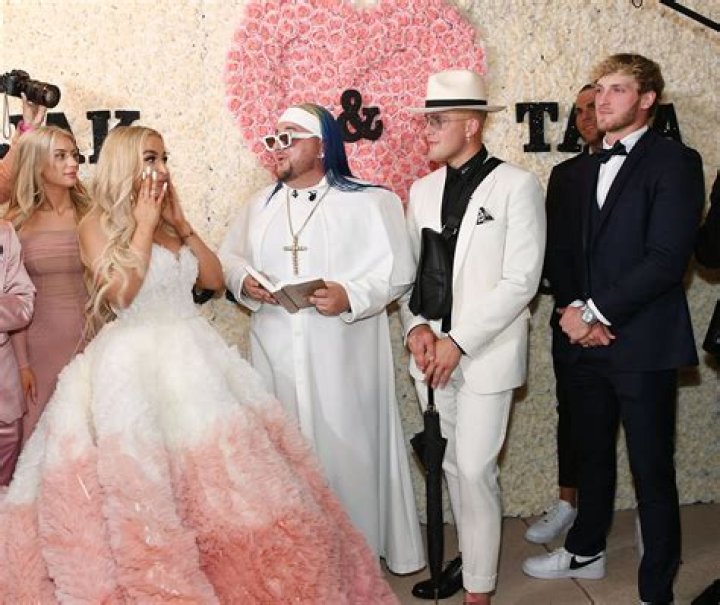 Jake Paul and Tana Mongeau&rsquo;s giant wedding extravaganza at the infamous Graffiti Mansion in Las Vegas. The YouTuber&rsquo;s met in late April, then right after the two got engaged at Mongeau's 21st birthday party making it announced at the video convention VidCon. Paul gifted her with a $124,000 Mercedes G Wagon and the ring the diamond-encrusted ring the couple got engaged with is fake and it reportedly retails for $125. Their ceremony was held at the Graffiti Mansion, that often gets spray painted to promote things like the ever popular brand &ldquo;Supreme&rdquo;. The event, as well as the after party held at a separate location called the &ldquo;Sugar Factory&rdquo;, was filmed by MTV and aired for YouTube. 28 Jul 2019 Pictured: Jake Paul Tana Mongeau. Photo credit: APEX / MEGA TheMegaAgency.com +1 888 505 6342 (Mega Agency TagID: MEGA474814_001.jpg) [Photo via Mega Agency]