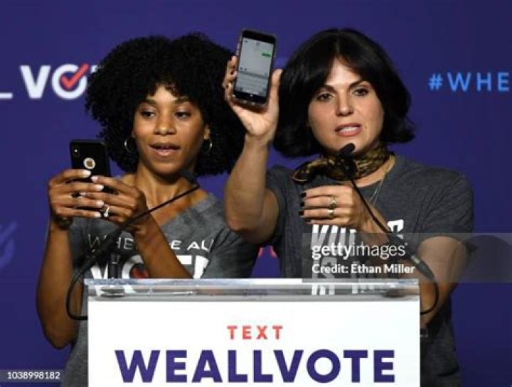 Kelly McCreary and Lana Parrilla speaking at the When We All Vote rally in Las Vegas