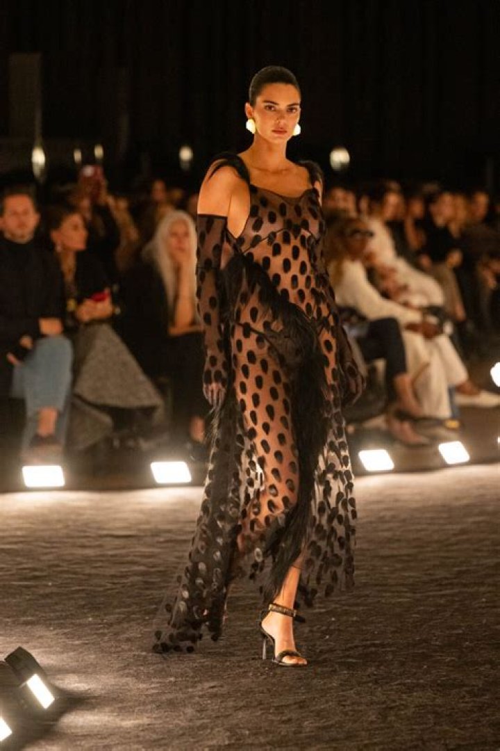 Model in a sheer black dress at Monique Lhuillier Spring 2016 show