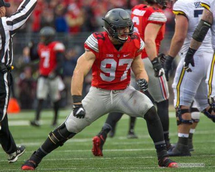 Ohio State defensive end Nick Bosa runs through a drill during NCAA college football practice in Columbus, Ohio Ohio State football, Columbus, USA - 18 Aug 2018
