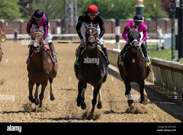 Smile Happy (C) with jockey Brian Hernandez, Jr. rounds the first turn on his way to the Alysheba Stakes at Churchill Downs in Louisville, Kentucky on Friday, May 5, 2023. Art Collector (L) and West Will Power (R) finished second and third respectively. The 149th running of the Kentucky Derby is on Saturday, May 6th. Kentucky Derby Week, Louisville, United States - 05 May 2023