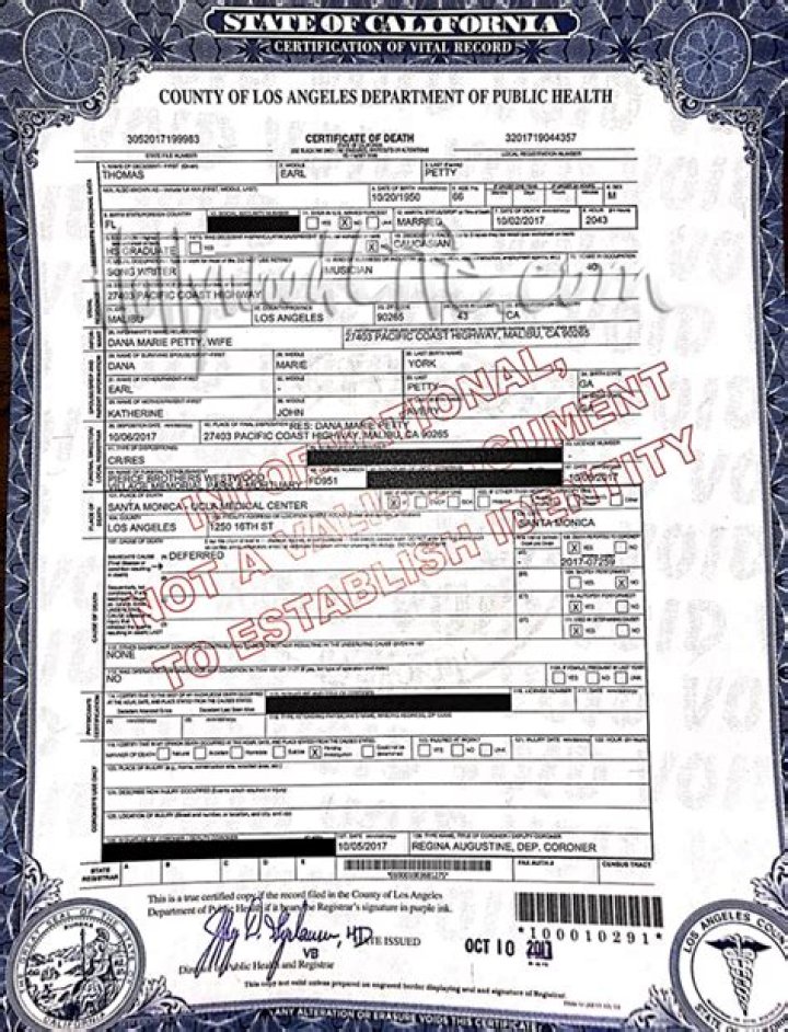 Tom Petty Death Certificate