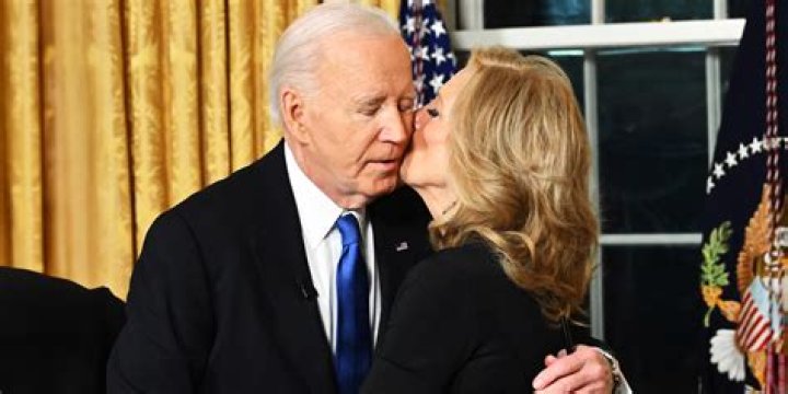 US President Joe Biden and First Lady Jill Biden share a kiss during a Fourth of July event on the South Lawn of the White House in Washington, DC, on Tuesday, July 4, 2023. Biden is hosting the event for military and veteran families, caregivers, and survivors to celebrate Independence Day. White House Fourth Of July Event - Washington, United States - 04 Jul 2023